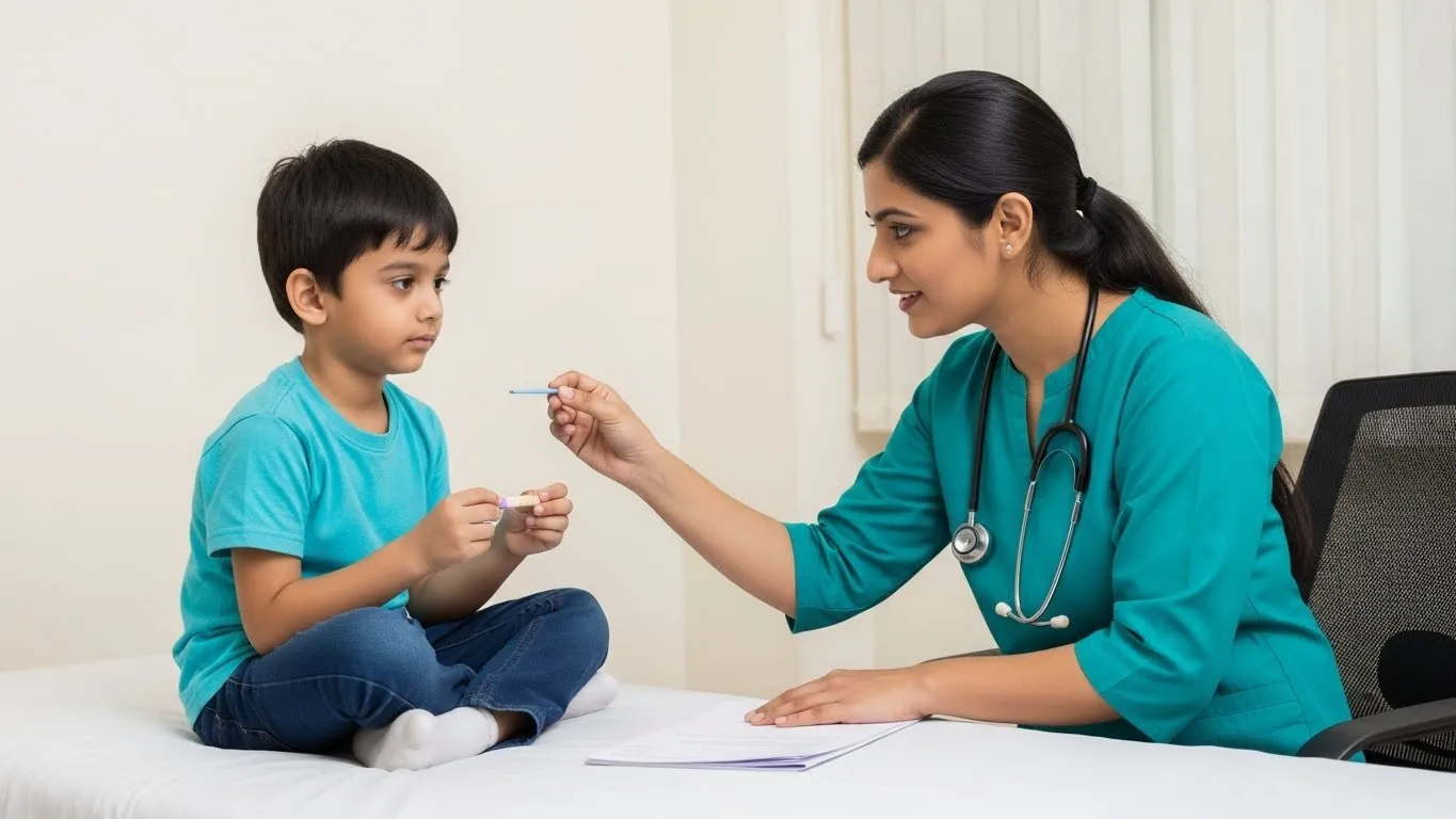 Child engaged in attention and cognitive skill development activity with therapist