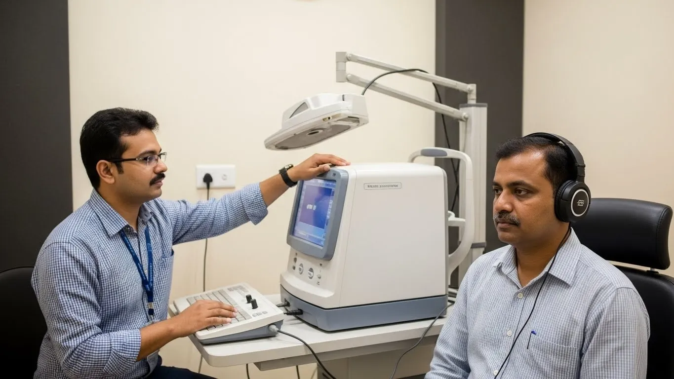 Hearing diagnostic testing session using audiology equipment in Kerala
