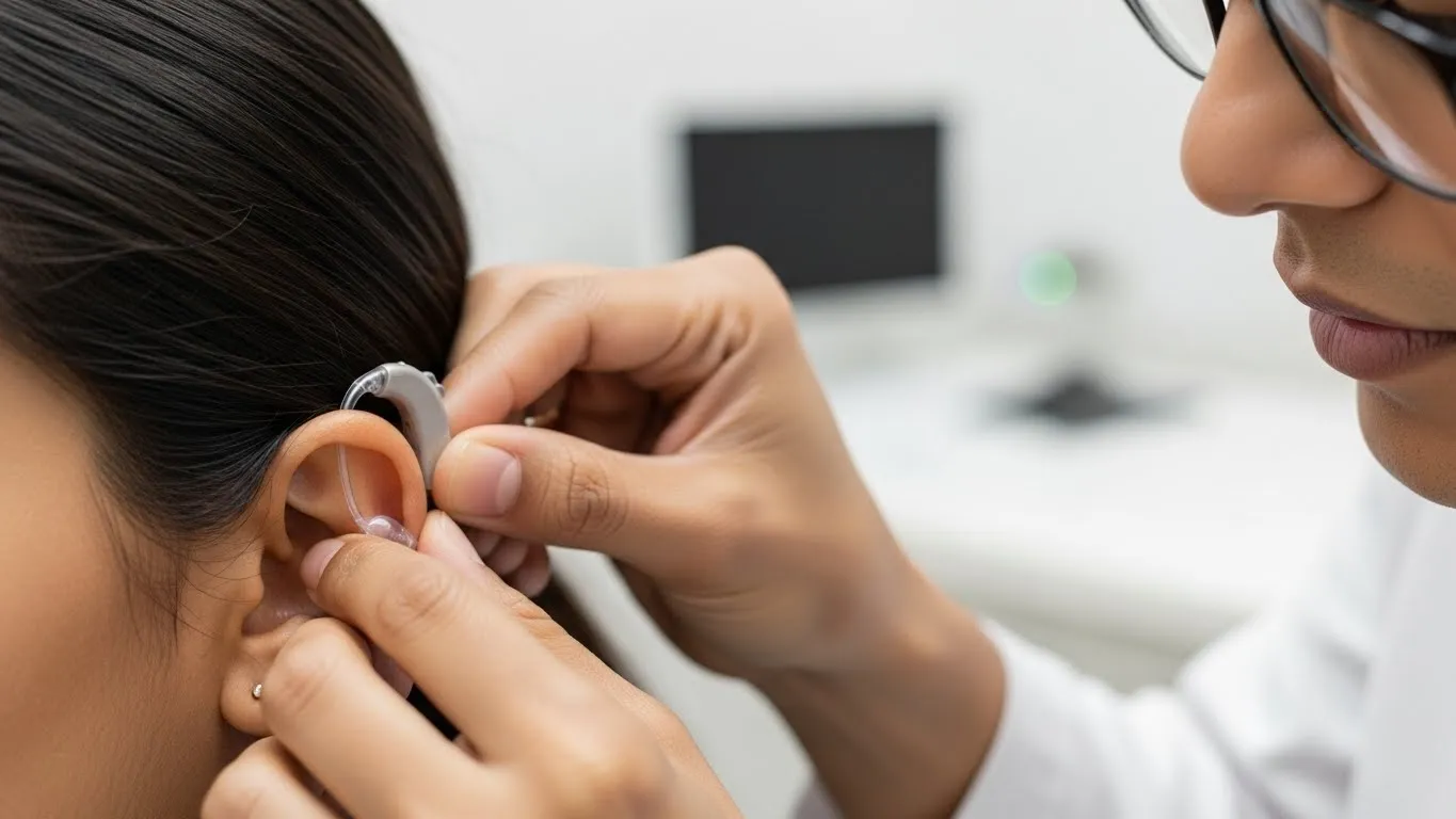 Audiology support session involving hearing care equipment and professional guidance
