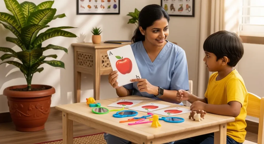 Professional speech therapy session at a leading speech therapy center in Trivandrum with therapist working with a child