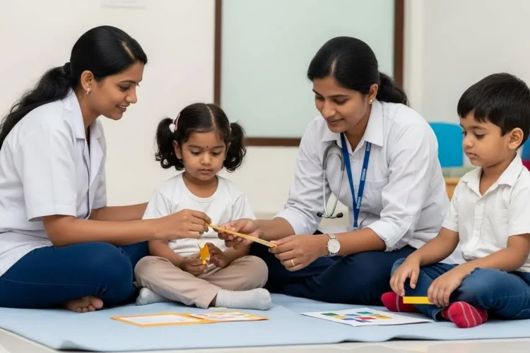 Child participating in a guided learning and readiness therapy session at a medical clinic in Kerala, India