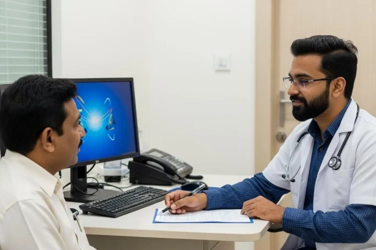 Audiology consultation session between doctor and patient at a medical clinic