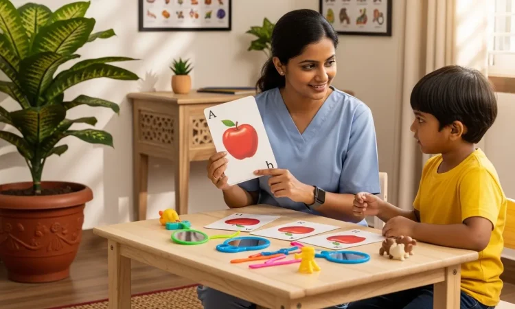Professional speech therapy session at a leading speech therapy center in Trivandrum with therapist working with a child